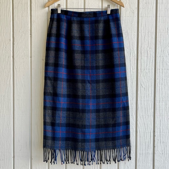 Vintage Dresses & Skirts - Vintage Blue Plaid Wool Blend Fringe Maxi Skirt